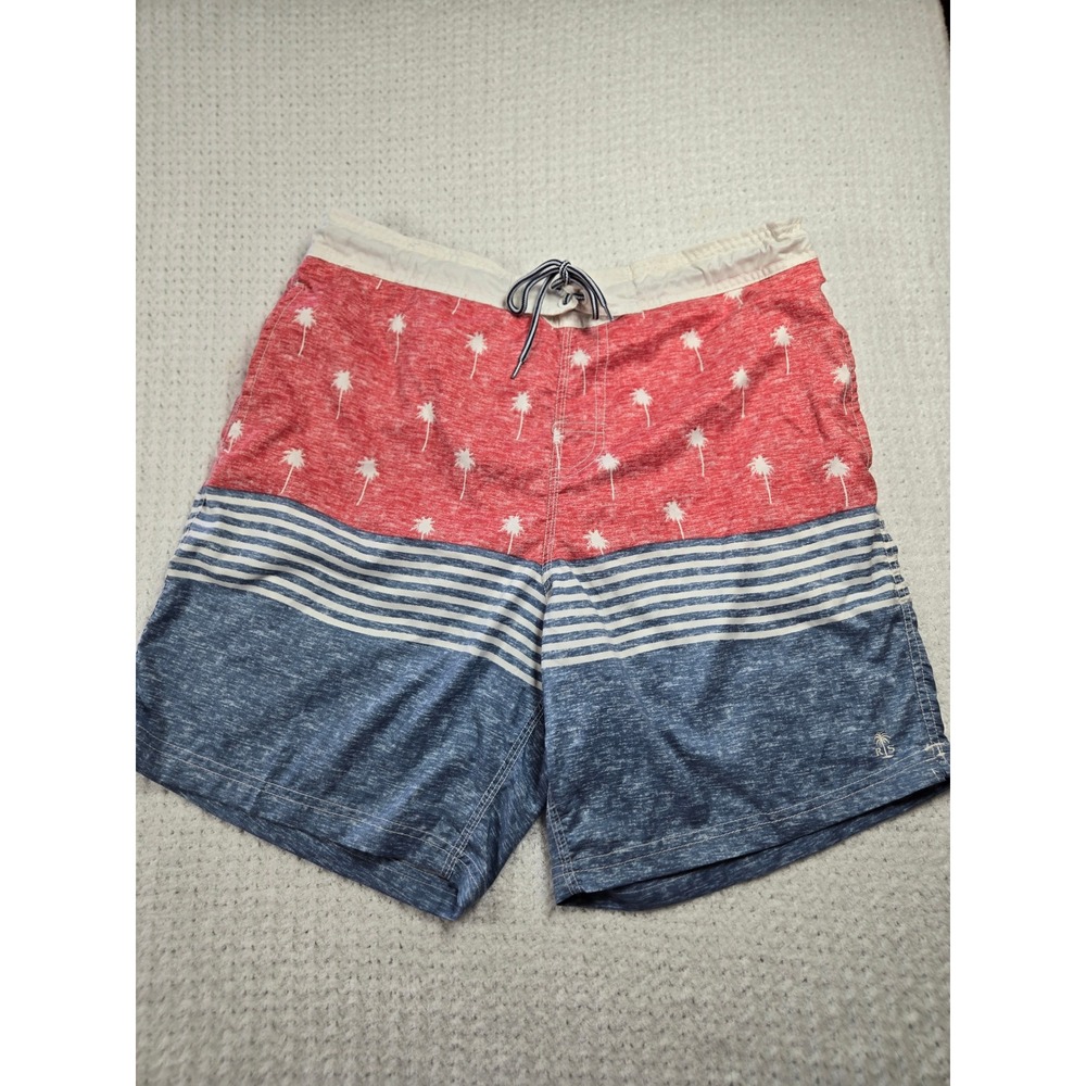Americana Mens XL Swim Trunks Red Blue Palm Tree Striped Shorts 4th July